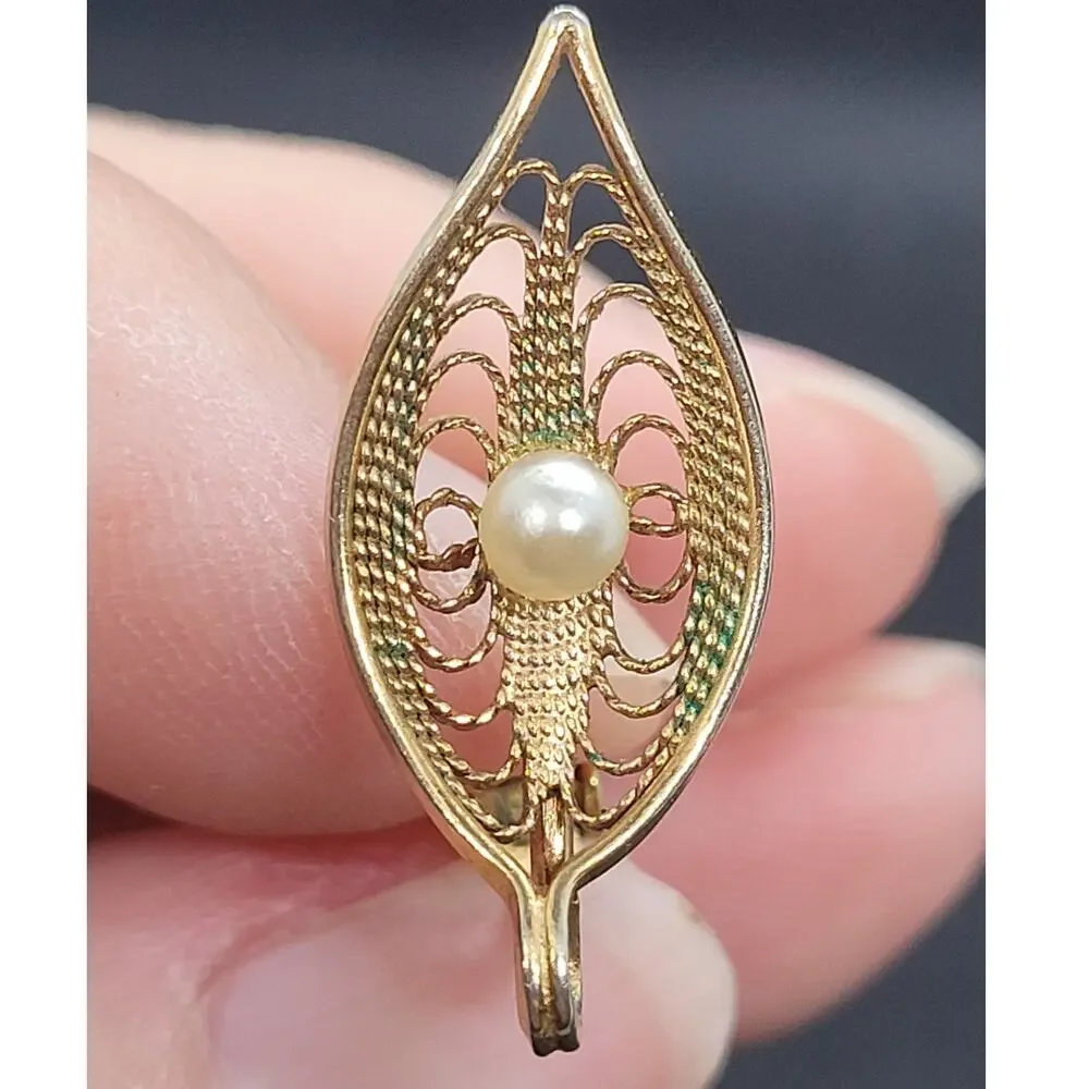 Sarah Coventry Vintage Revival Goldtone Filigree Leaf Faux Pearl Clip On Earring